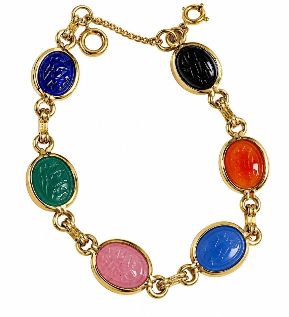 Vintage Scarab Bracelet Carved Glass Stones Gold Tone W/safety Chain